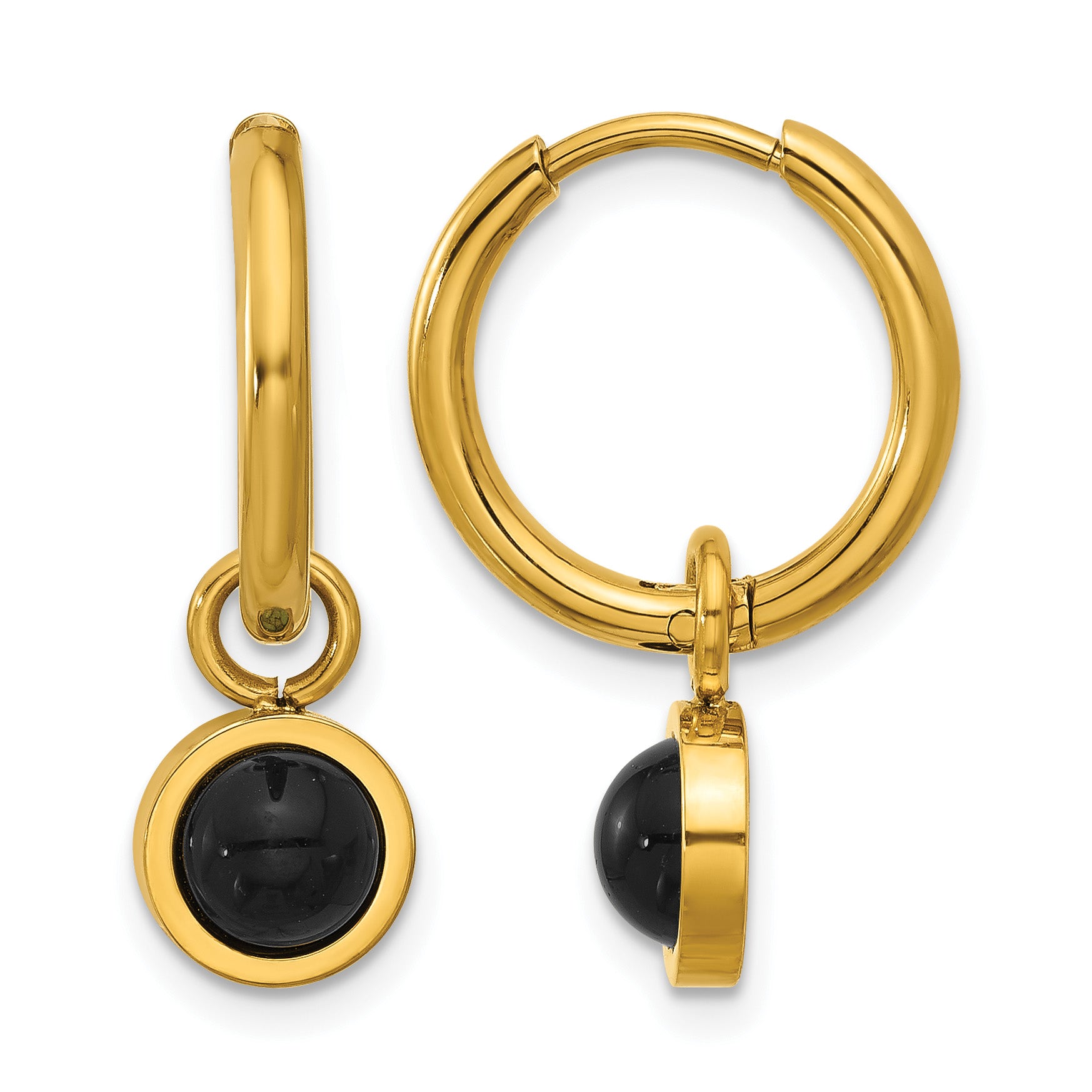 Stainless Steel Gold-Tone Polished Hinged Black Agate Hoop Earrings for Women