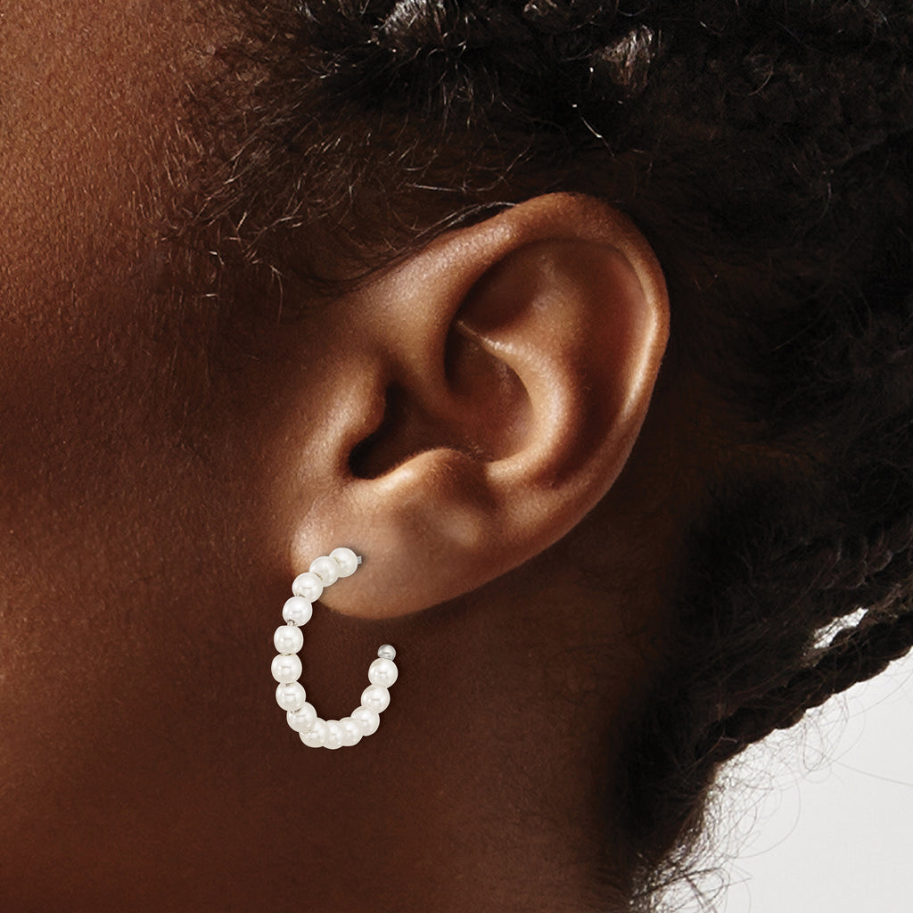 Stainless Steel Polished Pear Mother of Pearl J-Hoop Earrings for Women