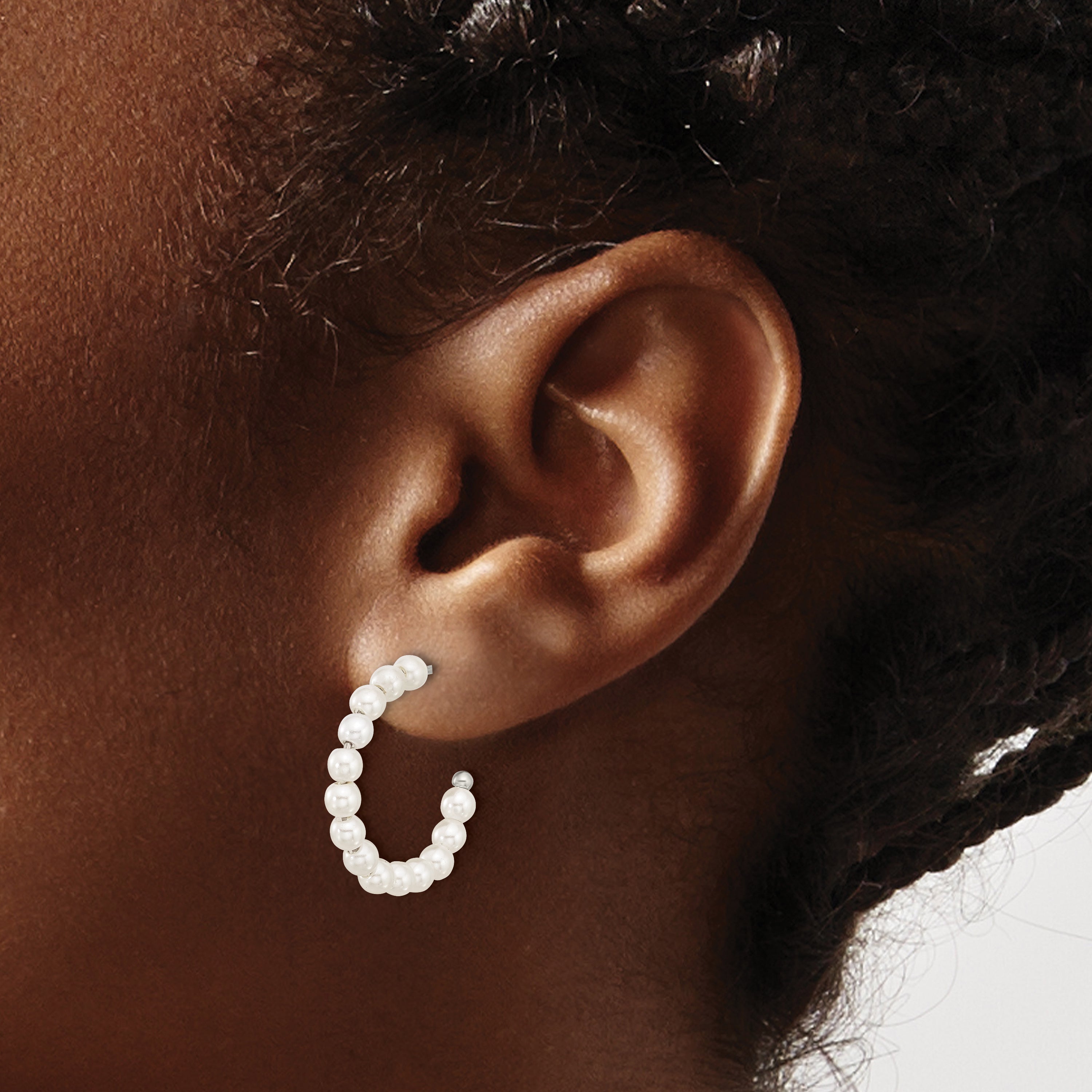 Stainless Steel Polished Pear Mother of Pearl J-Hoop Earrings for Women