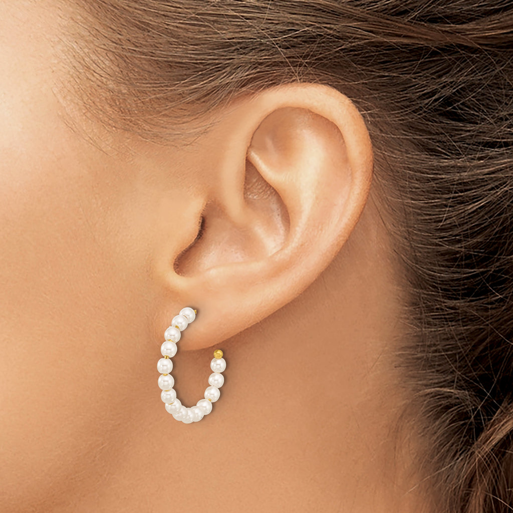 Stainless Steel Gold-Tone Polished Pear Mother of Pearl J-Hoop Earrings for Women