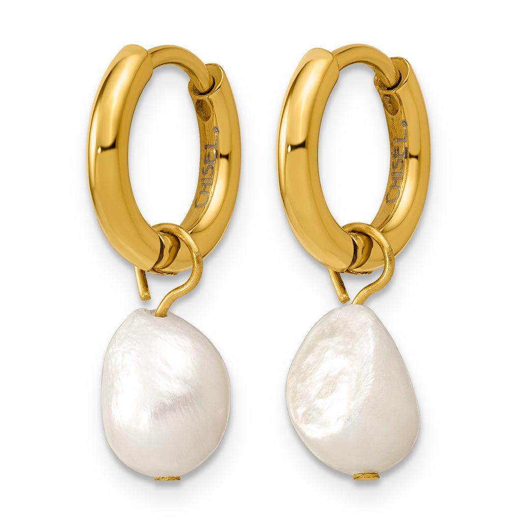 Stainless Steel Gold-Tone Polished Pear Hinged Pearl Hoop Earrings for Women