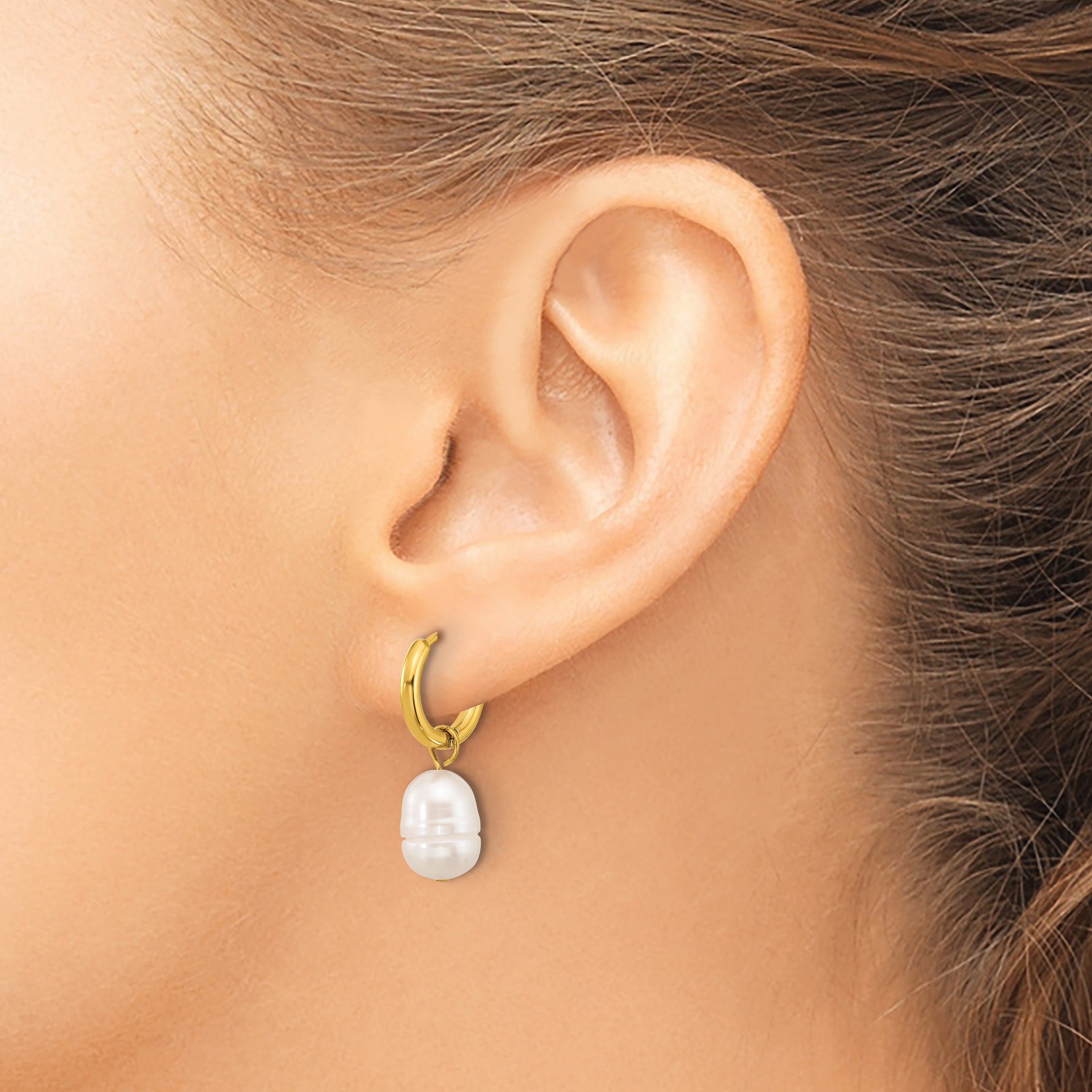Stainless Steel Gold-Tone Polished Pear Hinged Pearl Hoop Earrings for Women
