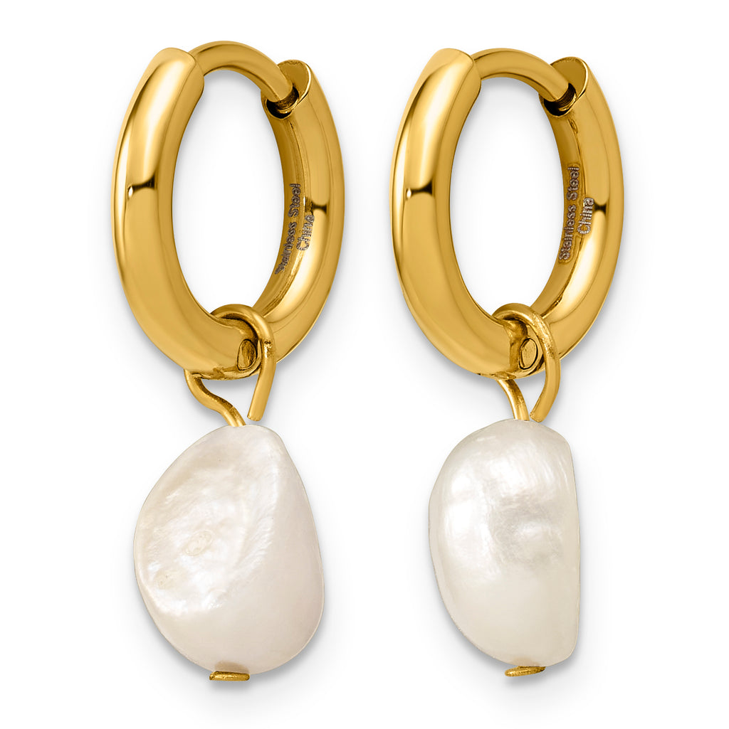 Stainless Steel Gold-Tone Polished Pear Hinged Pearl Hoop Earrings for Women