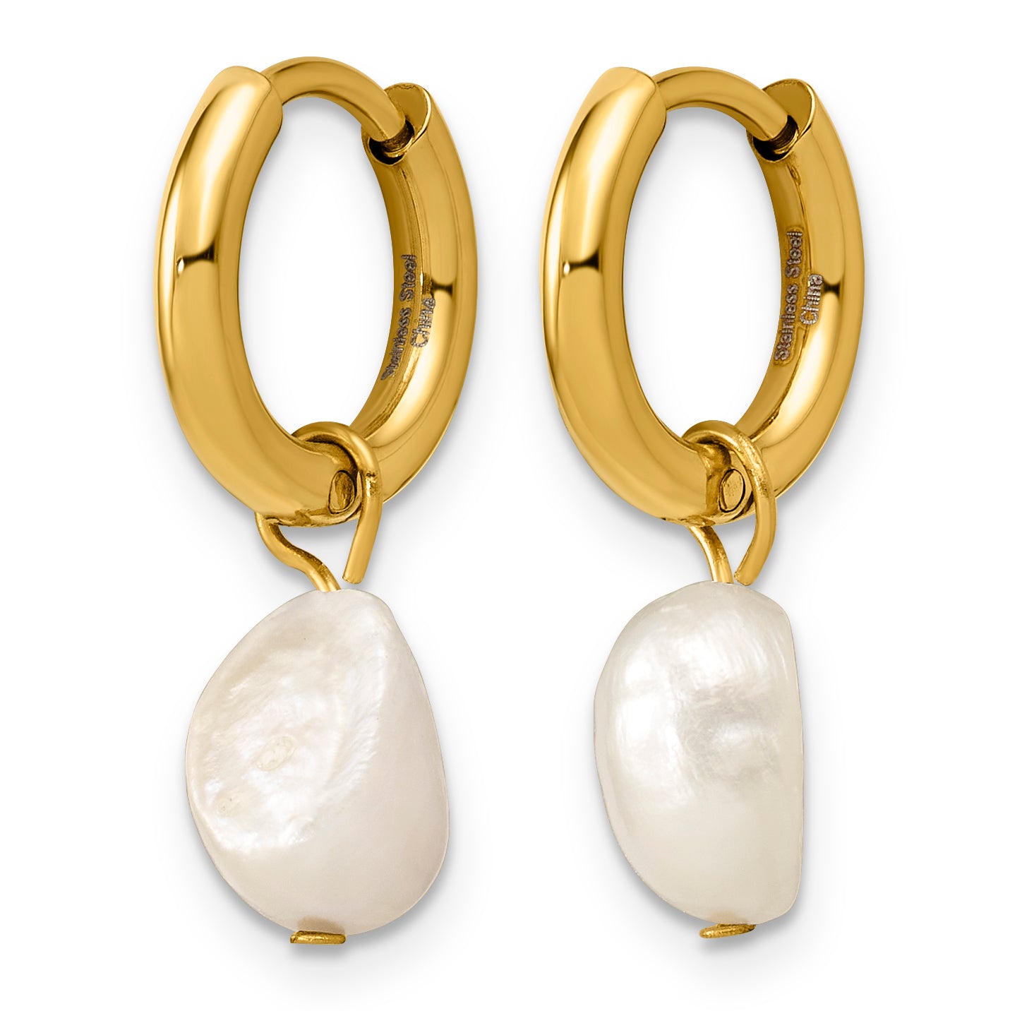 Stainless Steel Gold-Tone Polished Pear Hinged Pearl Hoop Earrings for Women