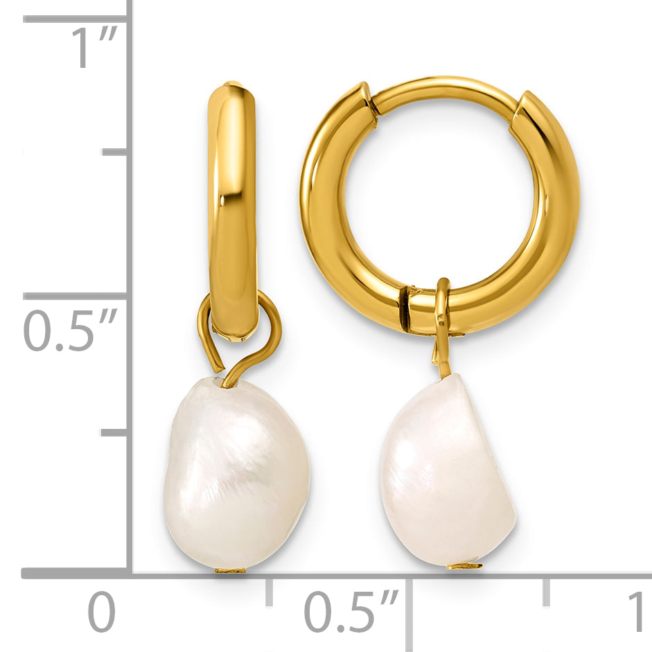 Stainless Steel Gold-Tone Polished Pear Hinged Pearl Hoop Earrings for Women