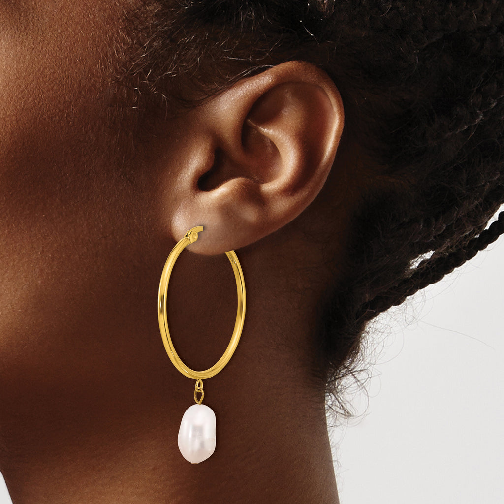 Stainless Steel Gold-Tone Polished Pear Pearl Hoop Earrings for Women