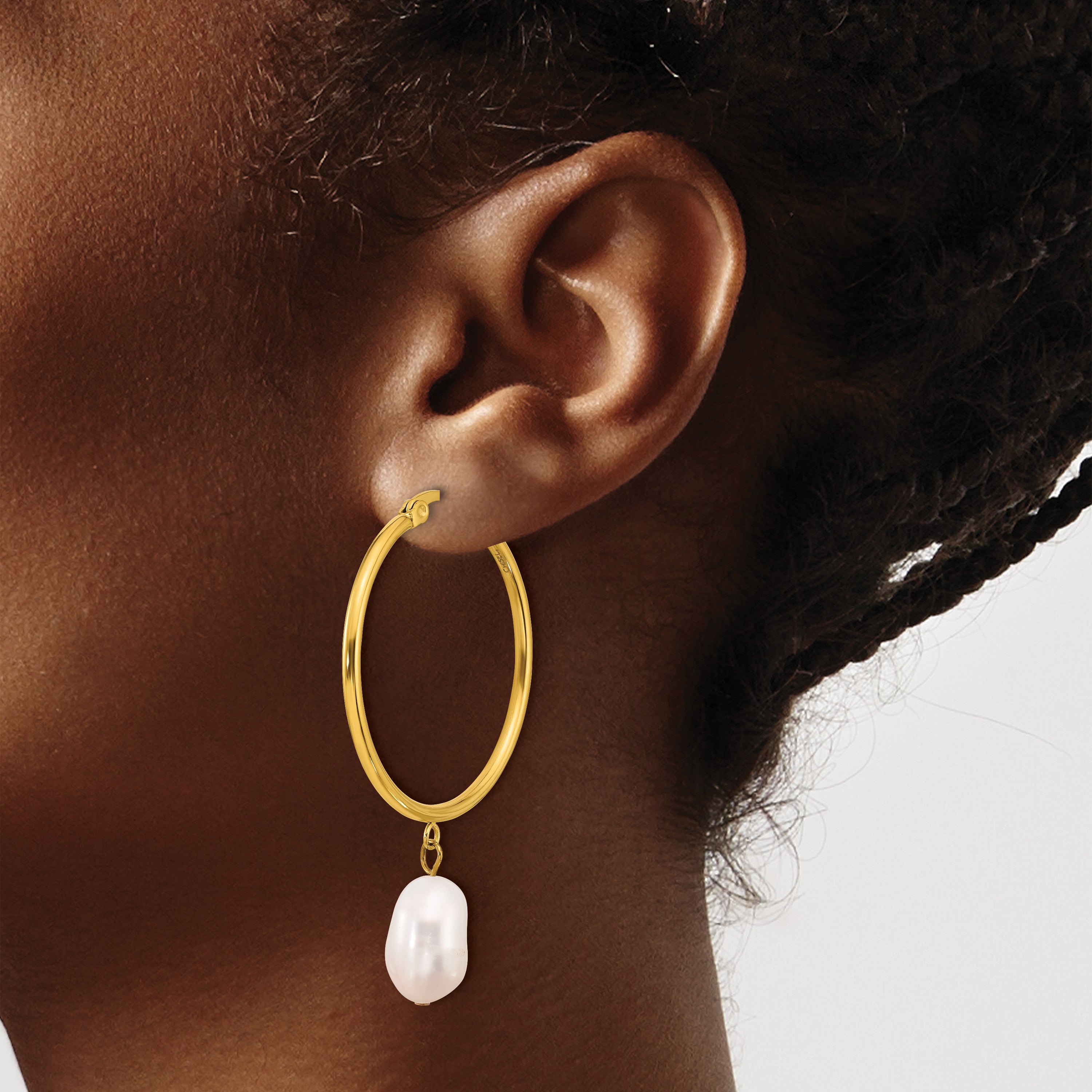 Stainless Steel Gold-Tone Polished Pear Pearl Hoop Earrings for Women