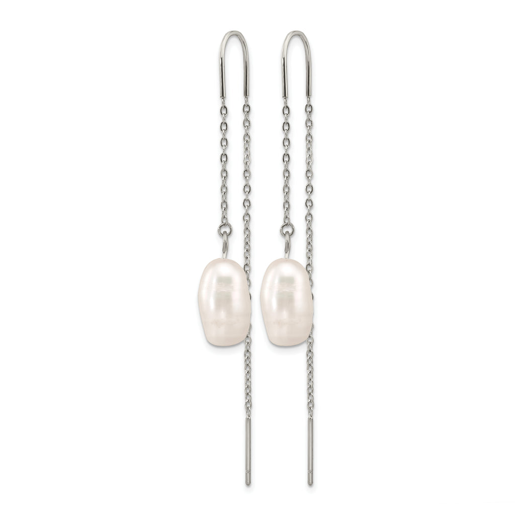 Stainless Steel Polished Pear Pearl Threader Earrings for Women