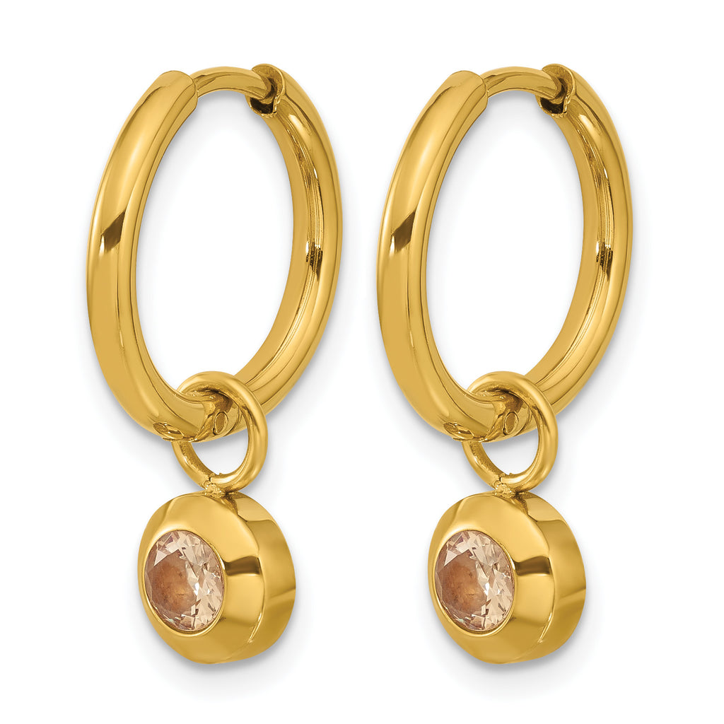 Stainless Steel Gold-Tone Polished Hinged Champagne Cubic Zirconia Hoop Earrings for Women