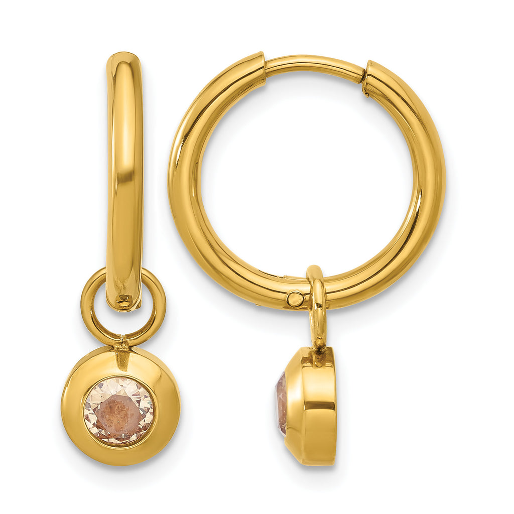 Gold-Tone Polished Champagne Cubic Zirconia Stainless Steel Hoop Earrings 7mm