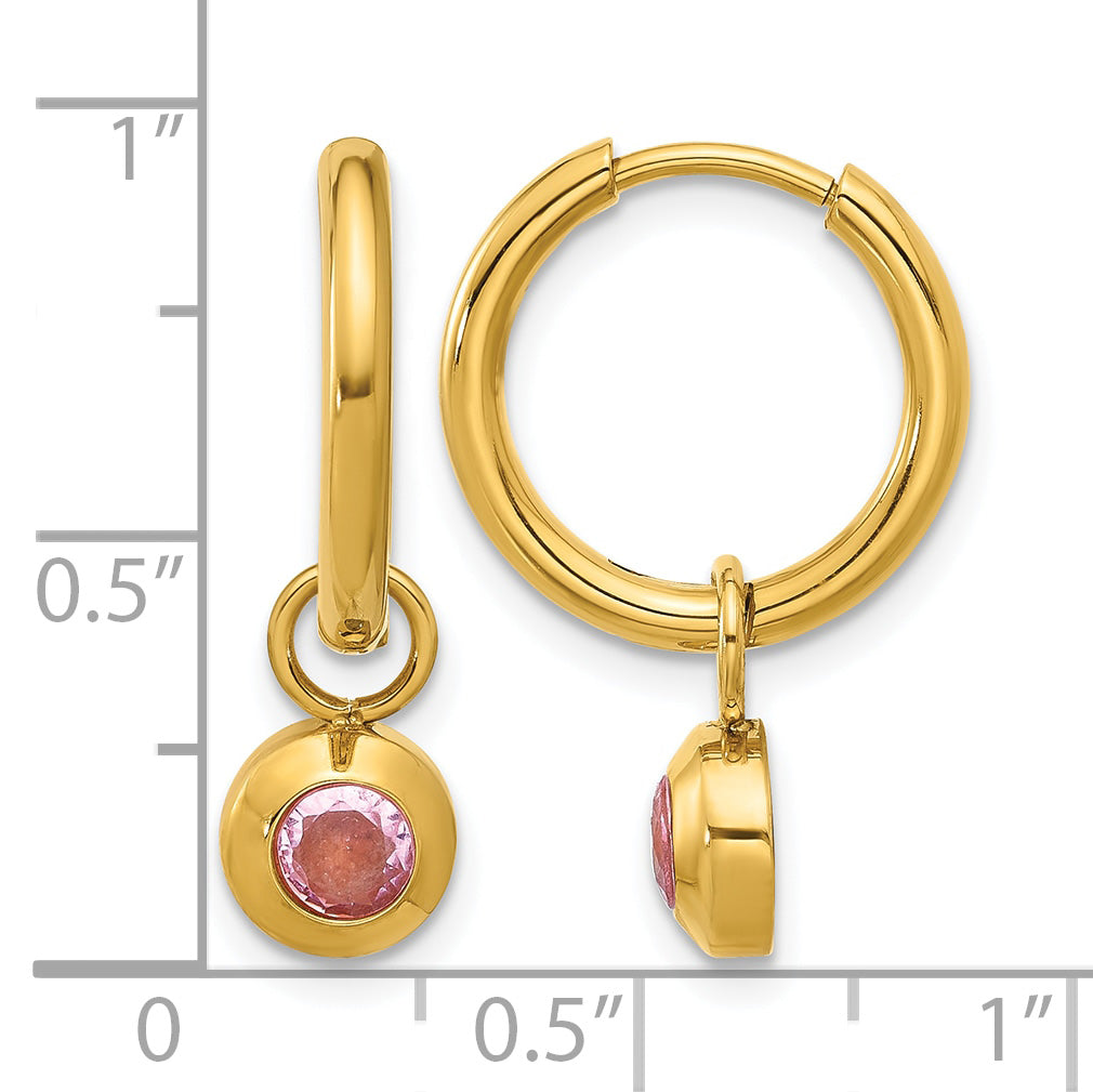 Gold-Tone Polished Pink Cubic Zirconia Stainless Steel Hoop Earrings 7mm
