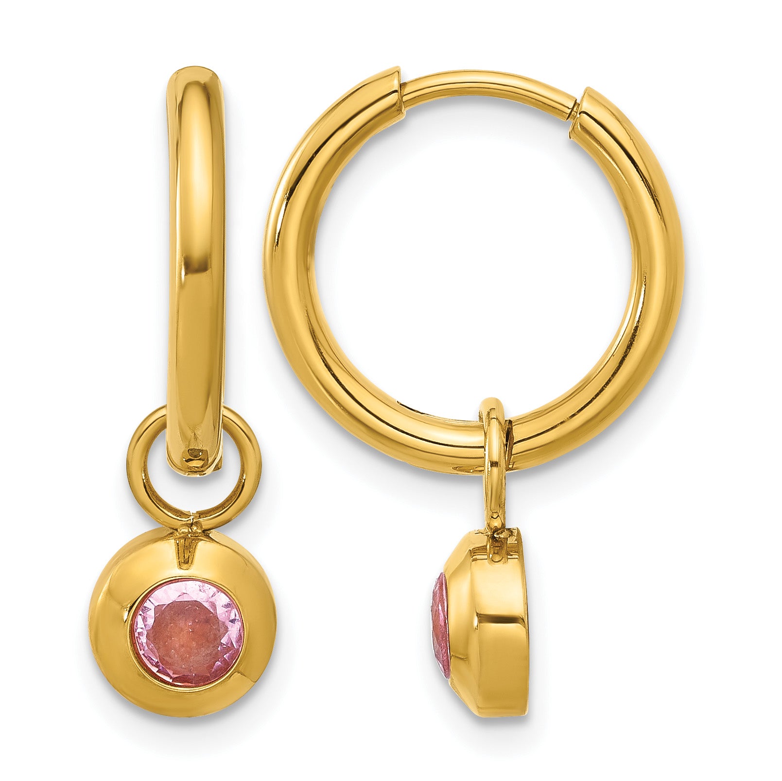 Stainless Steel Gold-Tone Polished Hinged Pink Cubic Zirconia Hoop Earrings for Women