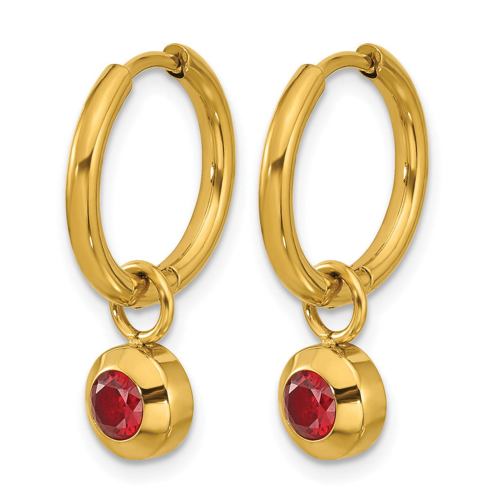 Stainless Steel Gold-Tone Polished Hinged Red Cubic Zirconia Hoop Earrings for Women