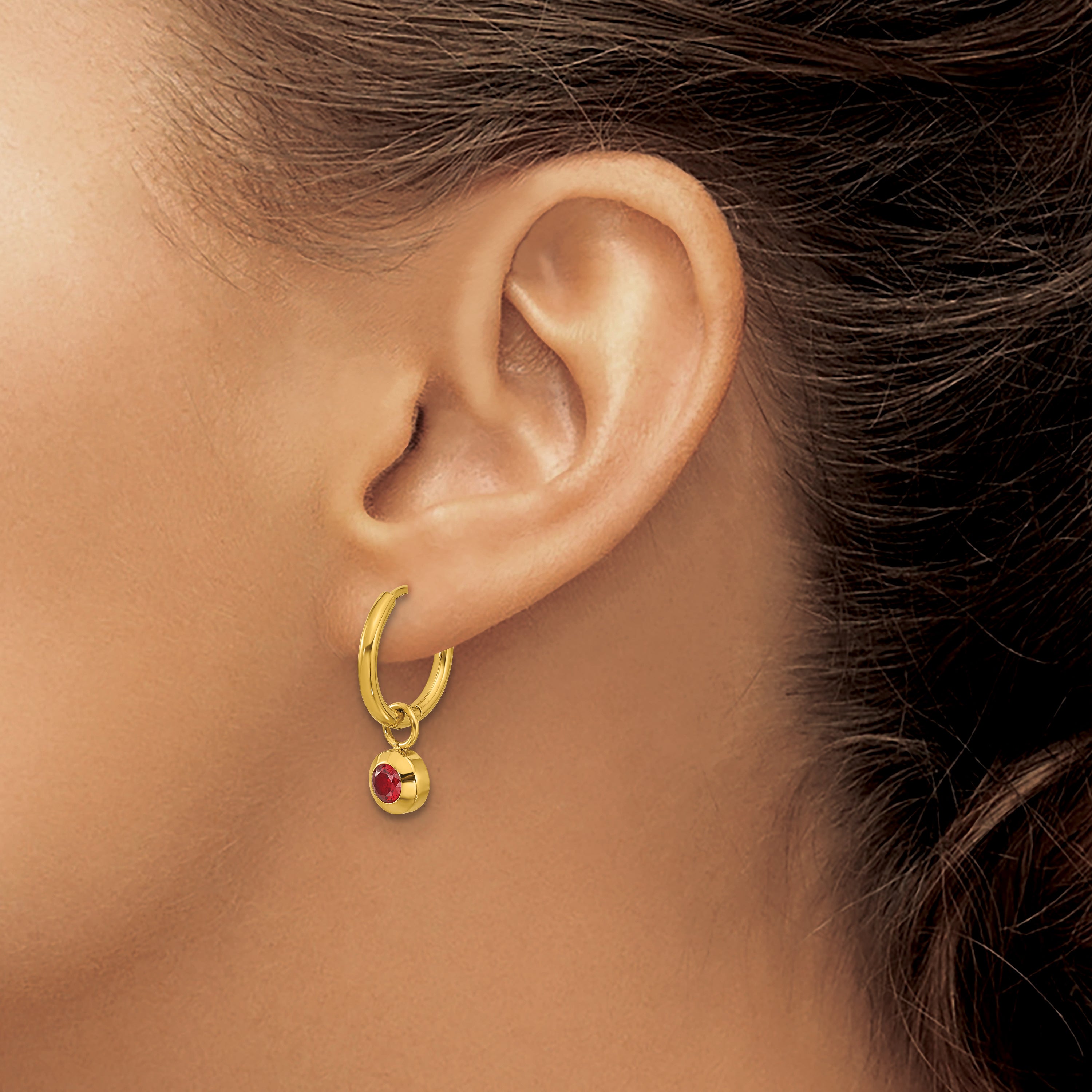 Stainless Steel Gold-Tone Polished Hinged Red Cubic Zirconia Hoop Earrings for Women