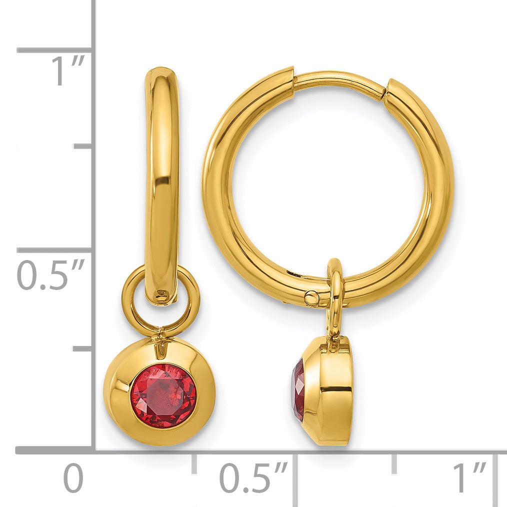 Stainless Steel Gold-Tone Polished Hinged Red Cubic Zirconia Hoop Earrings for Women