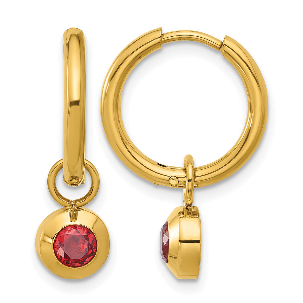 Stainless Steel Gold-Tone Polished Hinged Red Cubic Zirconia Hoop Earrings for Women