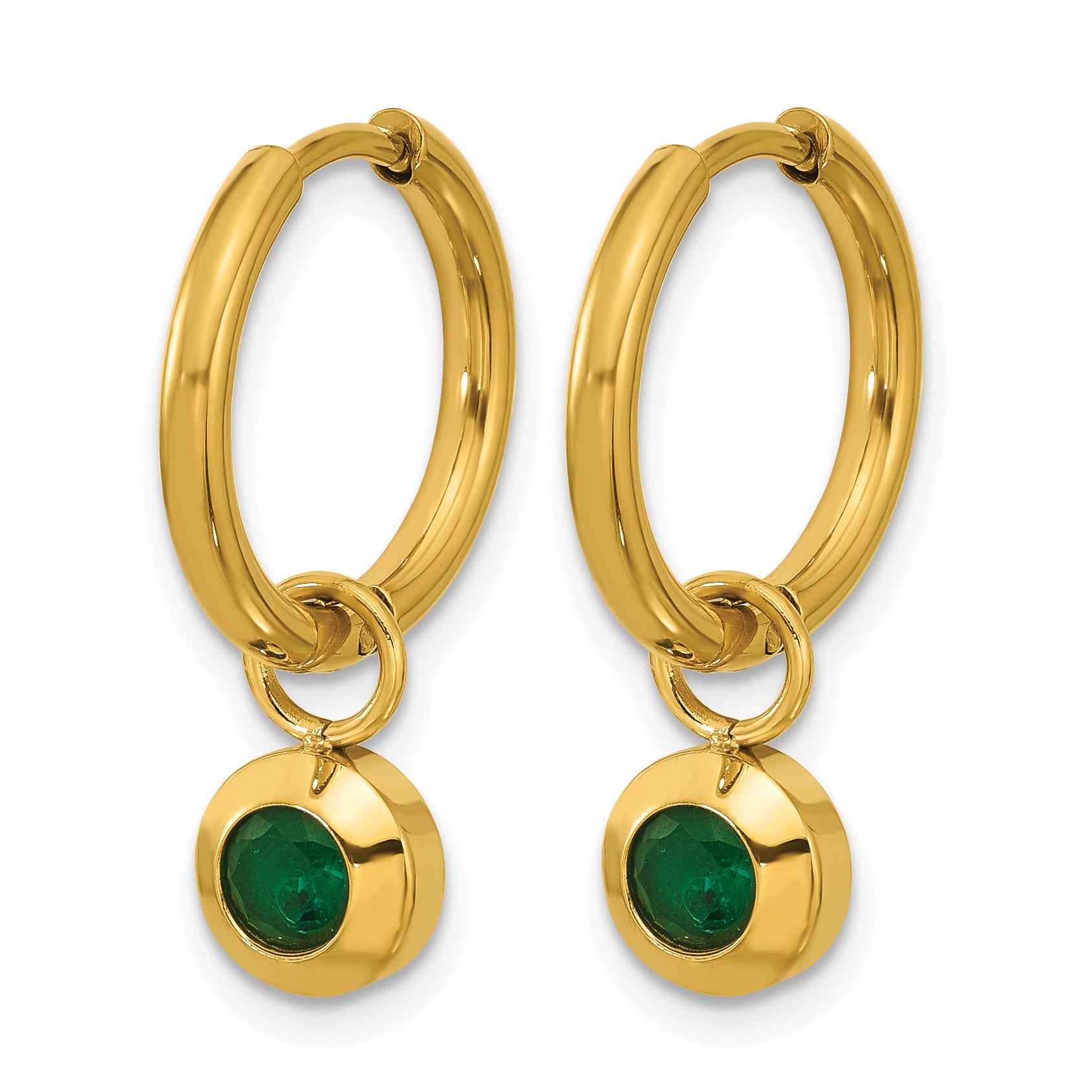 Gold-Tone Polished Green Cubic Zirconia Stainless Steel Hoop Earrings 7mm Secondary image