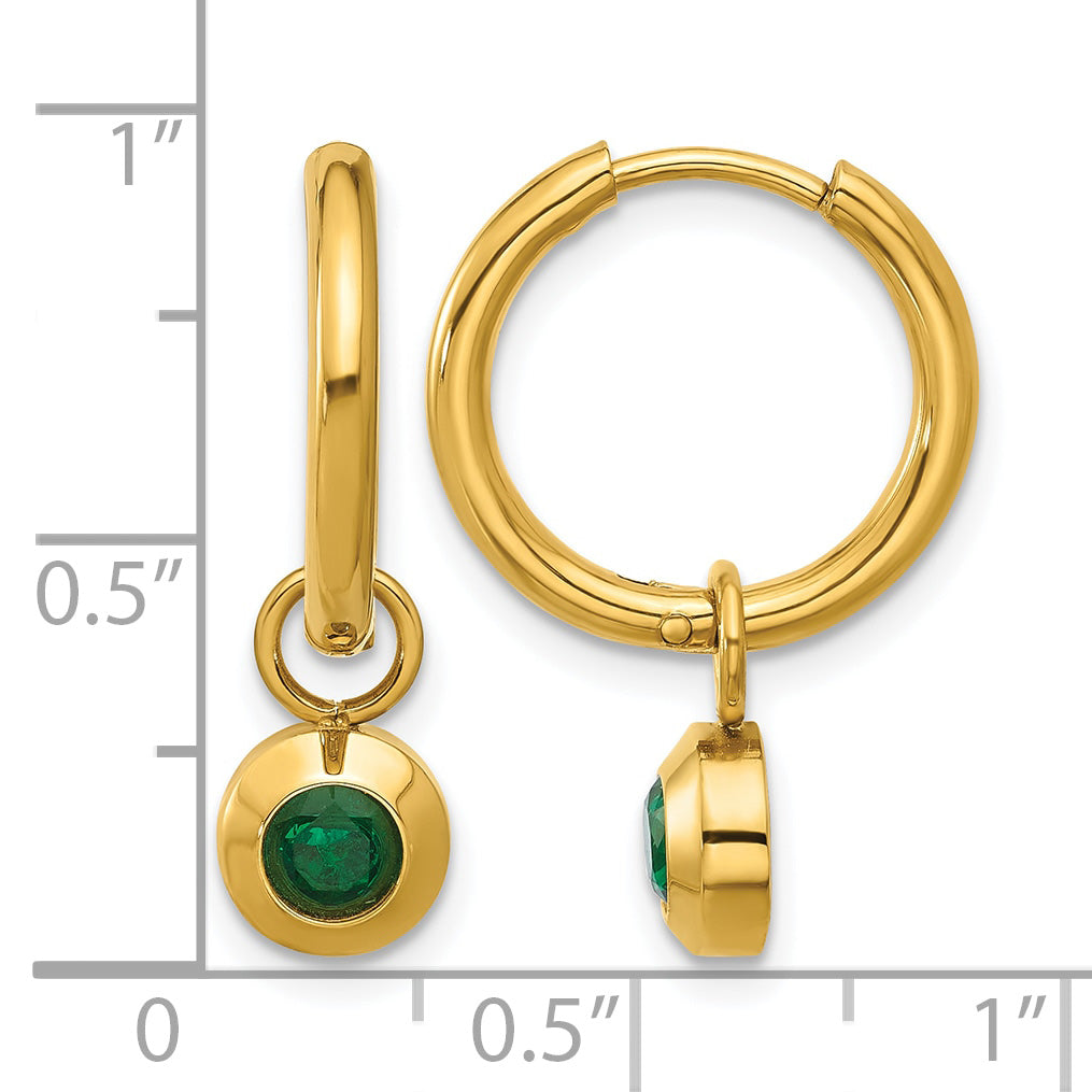 Stainless Steel Gold-Tone Polished Hinged Green Cubic Zirconia Hoop Earrings for Women