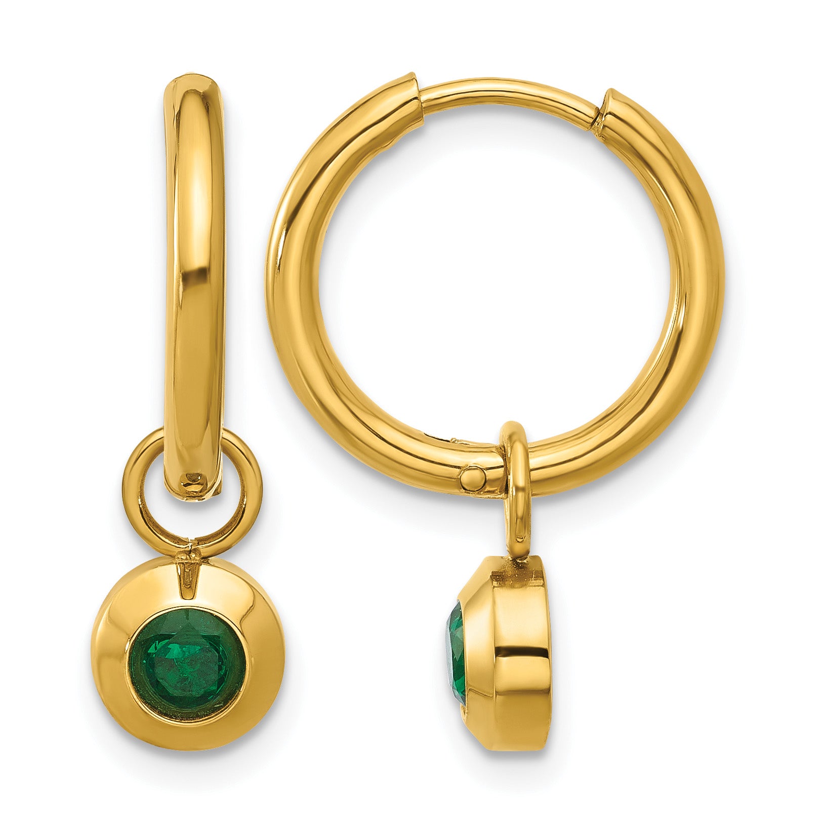 Stainless Steel Gold-Tone Polished Hinged Green Cubic Zirconia Hoop Earrings for Women