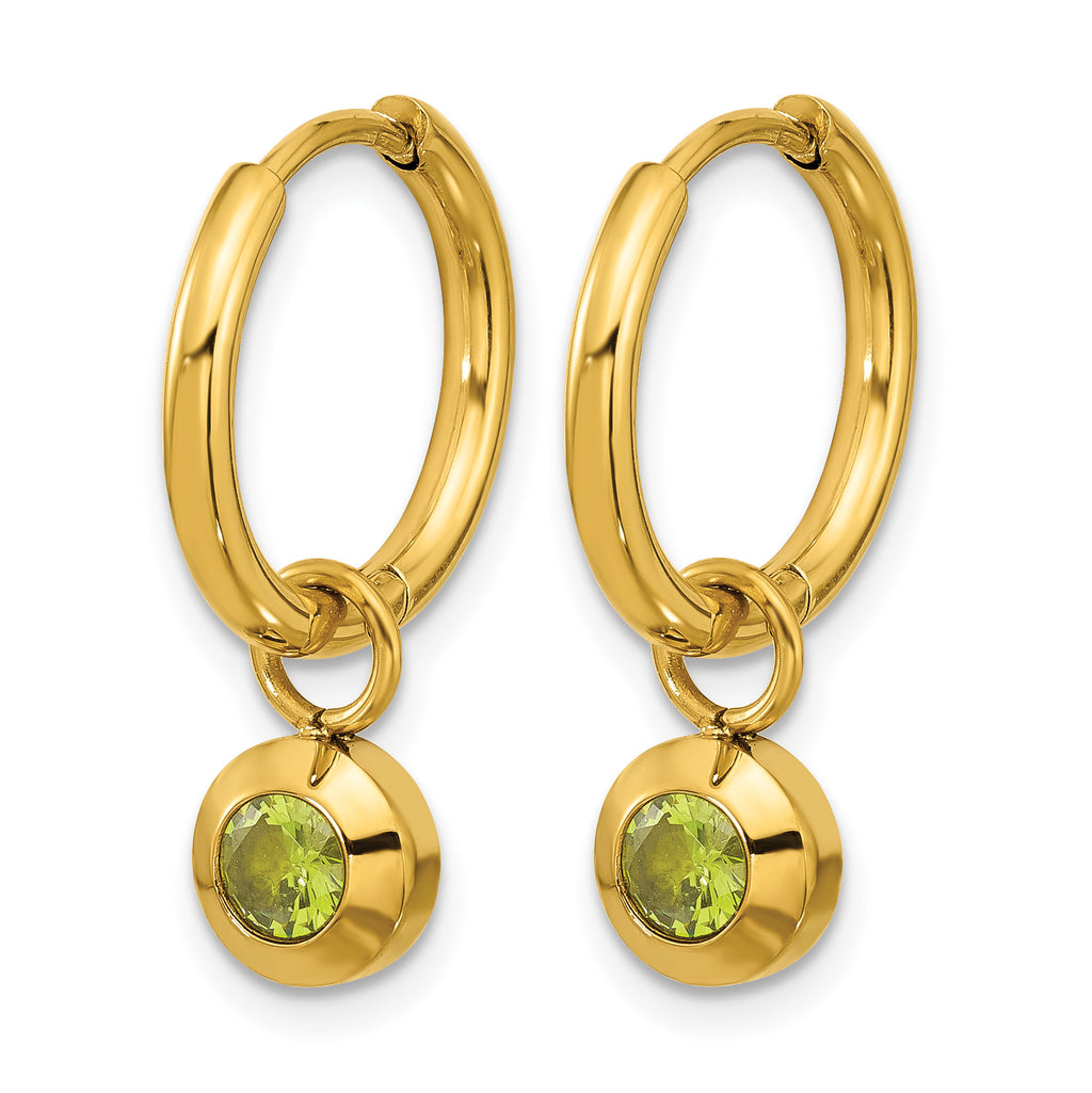 Stainless Steel Gold-Tone Polished Hinged Green Cubic Zirconia Hoop Earrings for Women