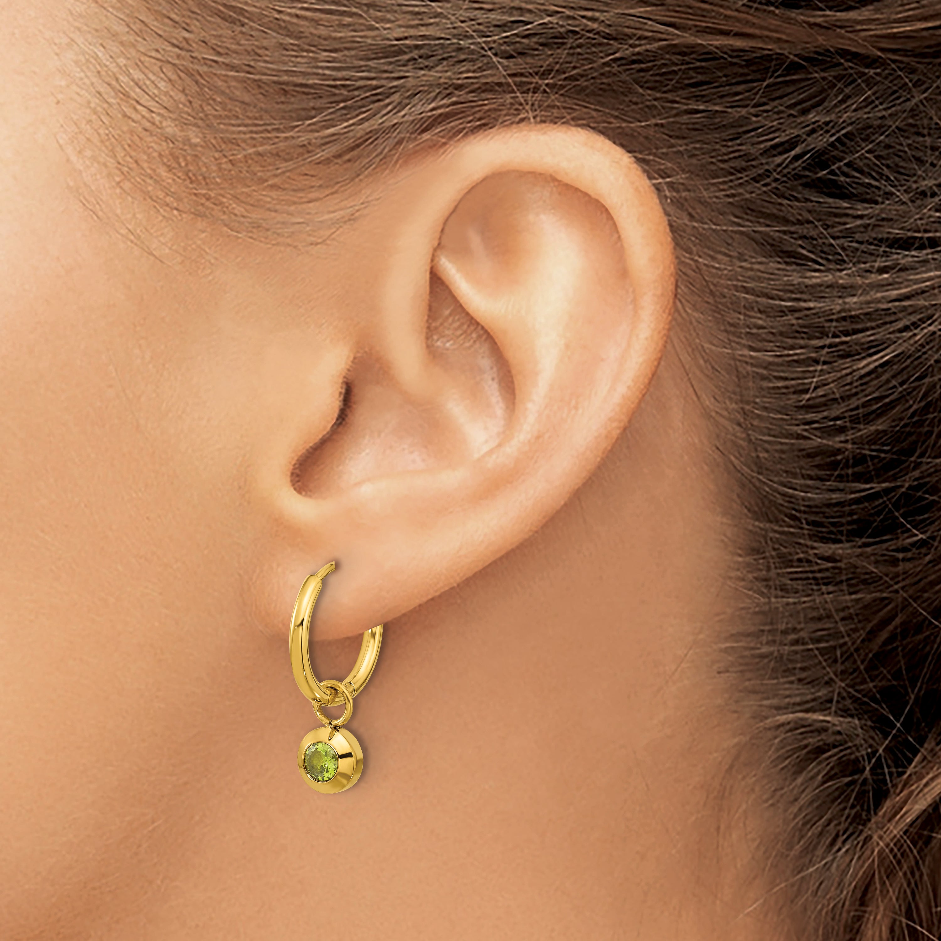 Stainless Steel Gold-Tone Polished Hinged Green Cubic Zirconia Hoop Earrings for Women