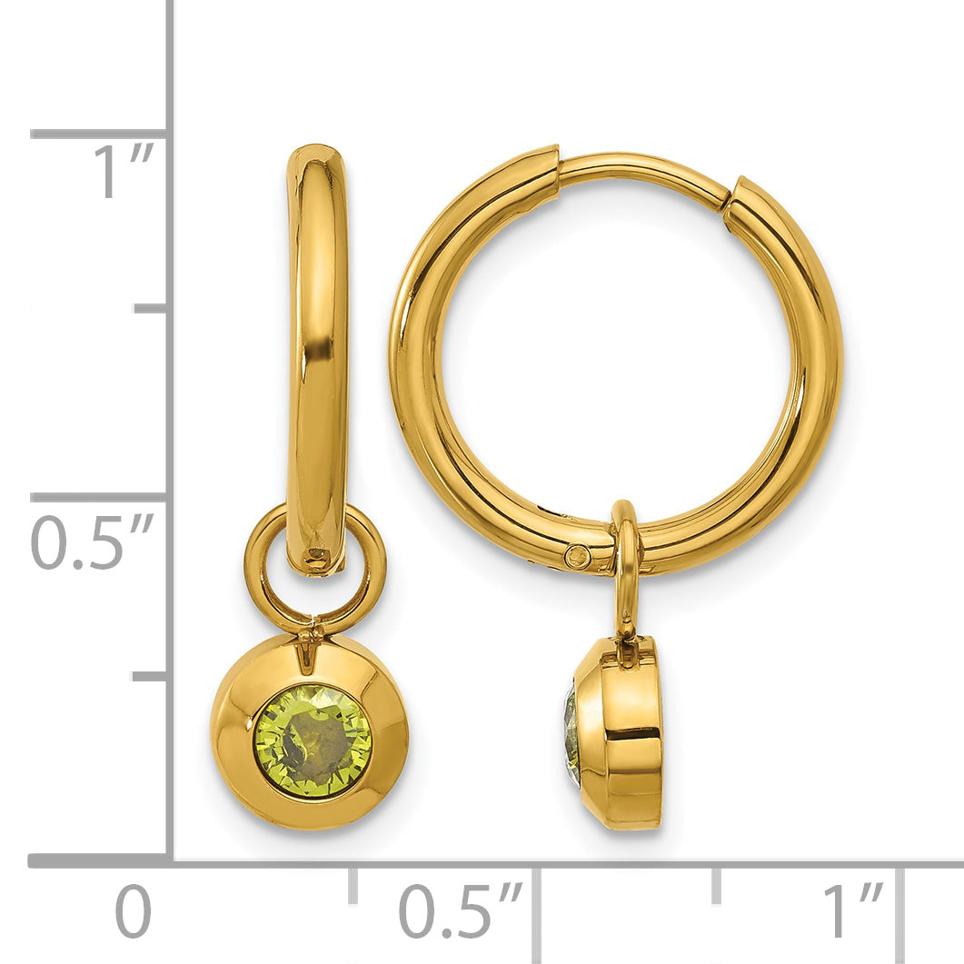 Stainless Steel Gold-Tone Polished Hinged Green Cubic Zirconia Hoop Earrings for Women