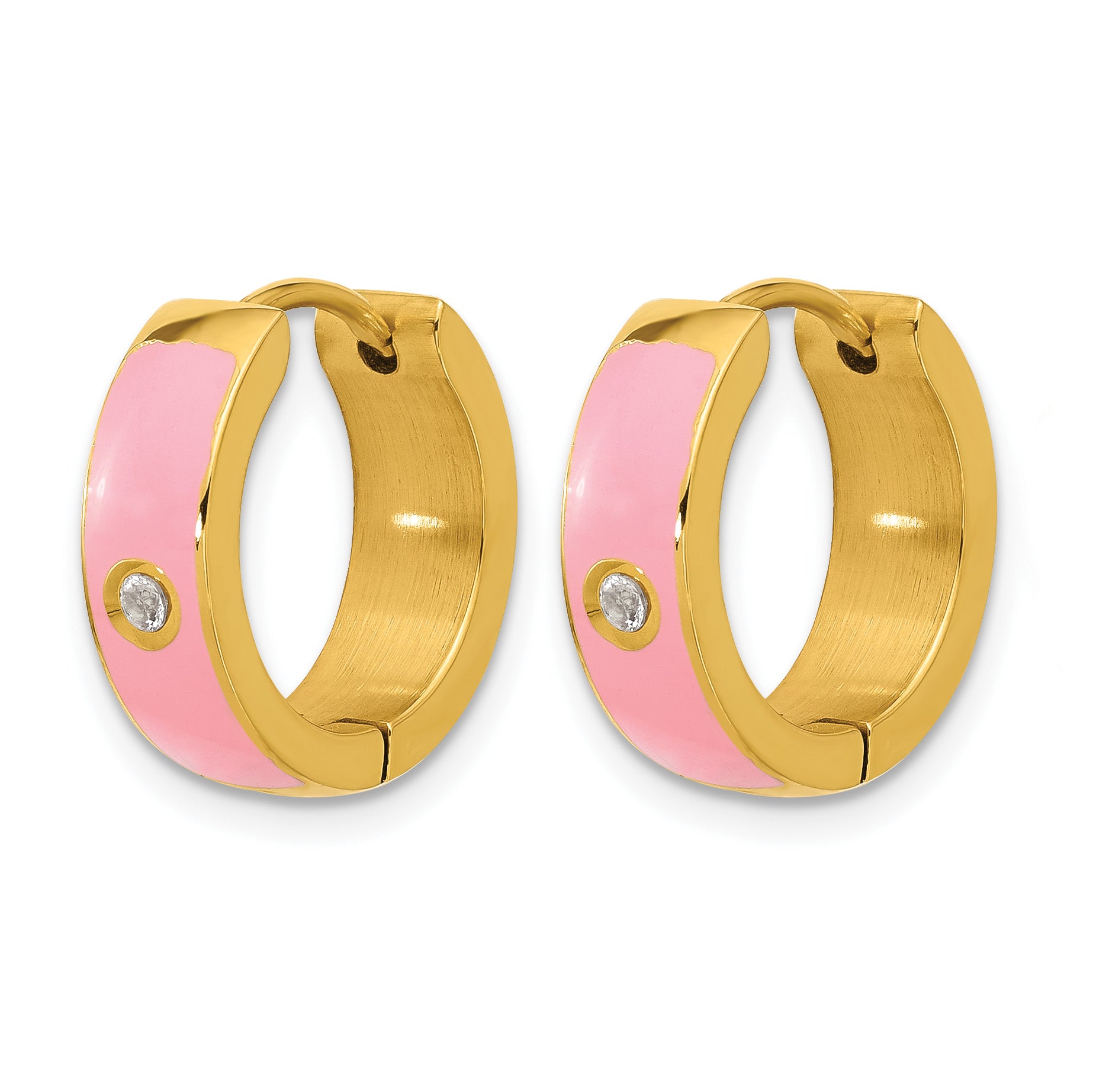 Gold-Tone Polished Cubic Zirconia Pink Enamel Stainless Steel Hoop Earrings 5mm Secondary image