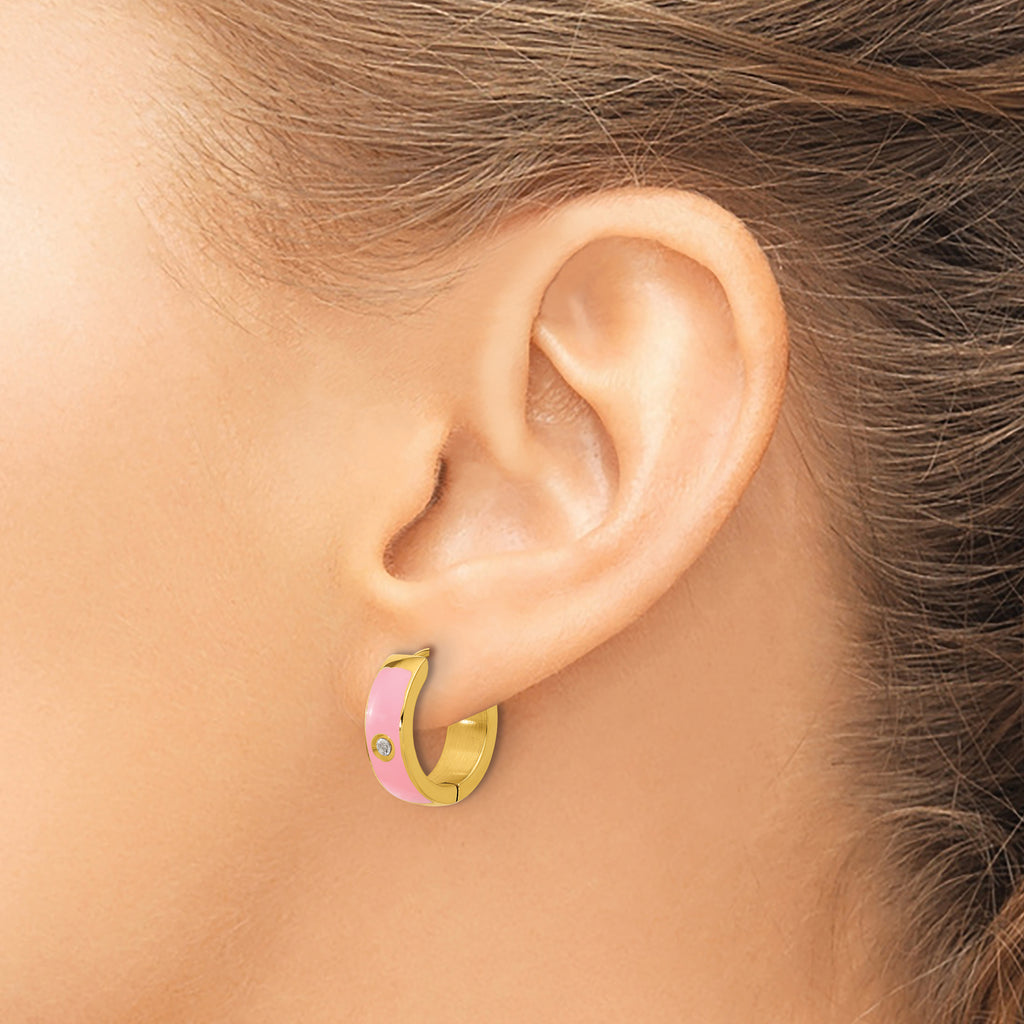Stainless Steel Gold-Tone Enamel Polished Hinged Cubic Zirconia Hoop Earrings for Women