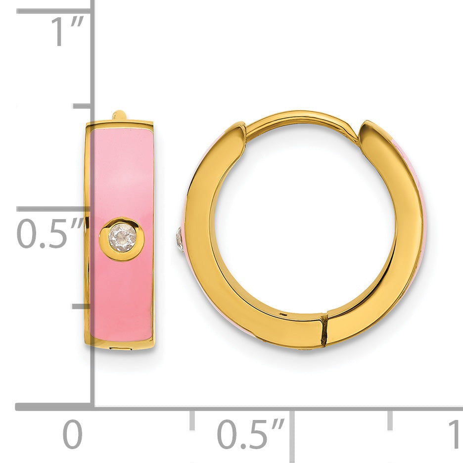 Gold-Tone Polished Cubic Zirconia Pink Enamel Stainless Steel Hoop Earrings 5mm