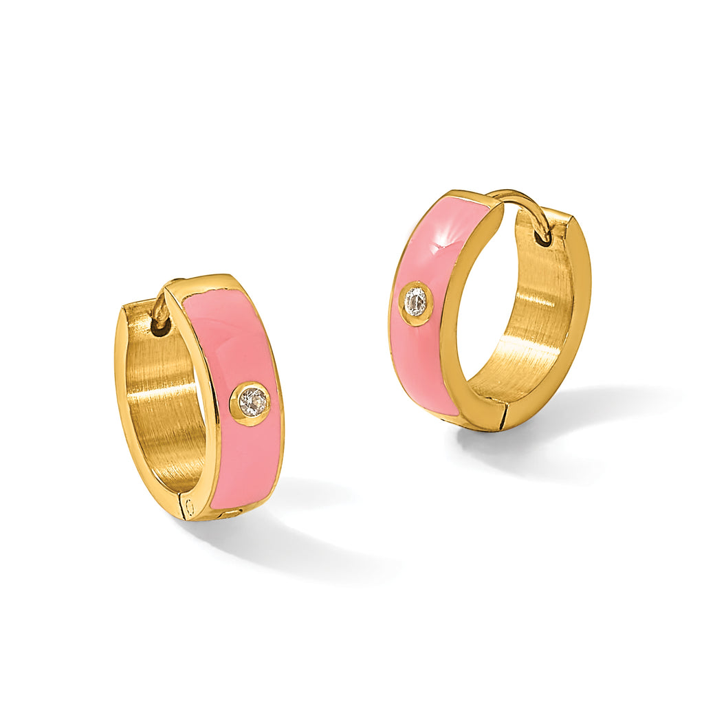 Stainless Steel Gold-Tone Enamel Polished Hinged Cubic Zirconia Hoop Earrings for Women