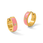 Stainless Steel Gold-Tone Enamel Polished Hinged Cubic Zirconia Hoop Earrings for Women