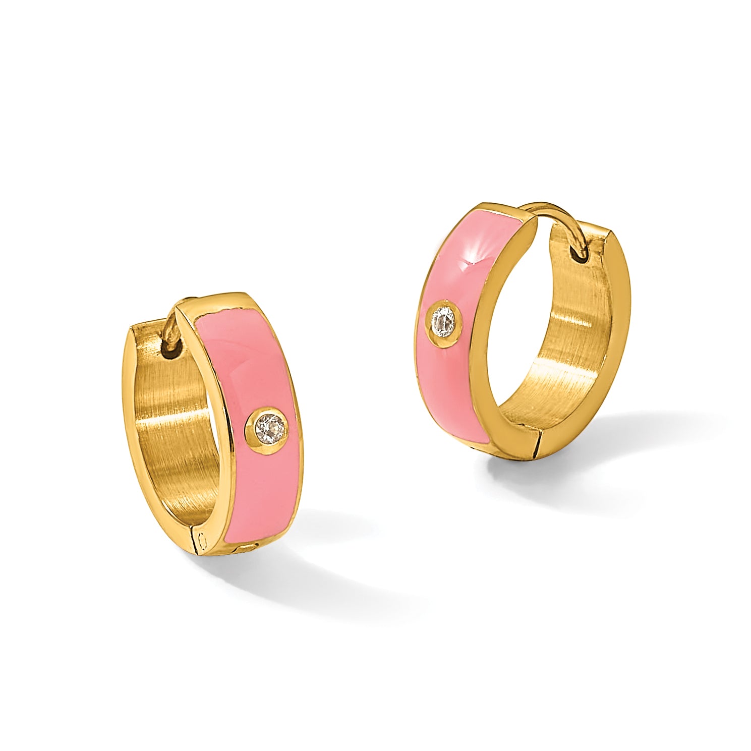 Stainless Steel Gold-Tone Enamel Polished Hinged Cubic Zirconia Hoop Earrings for Women