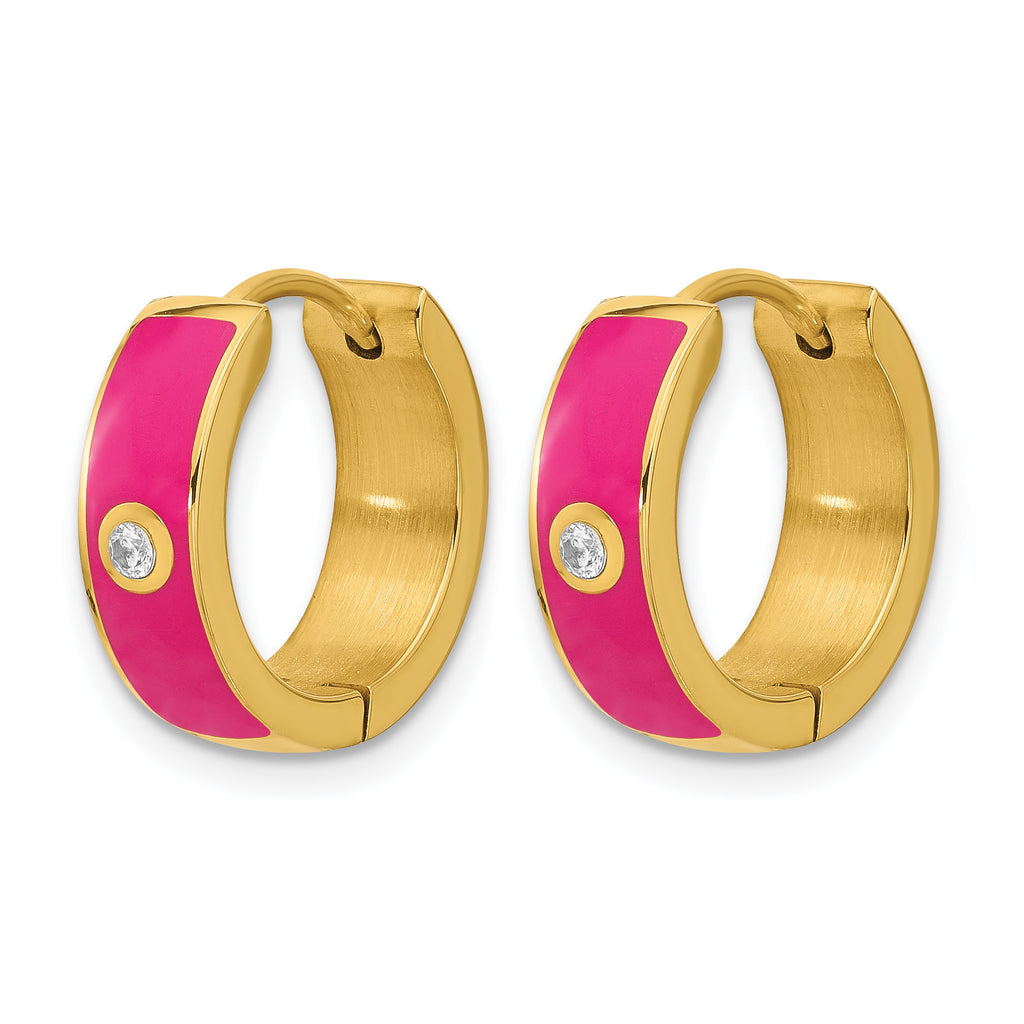 Gold-Tone Polished Cubic Zirconia Pink Enamel Stainless Steel Hoop Earrings 5mm White