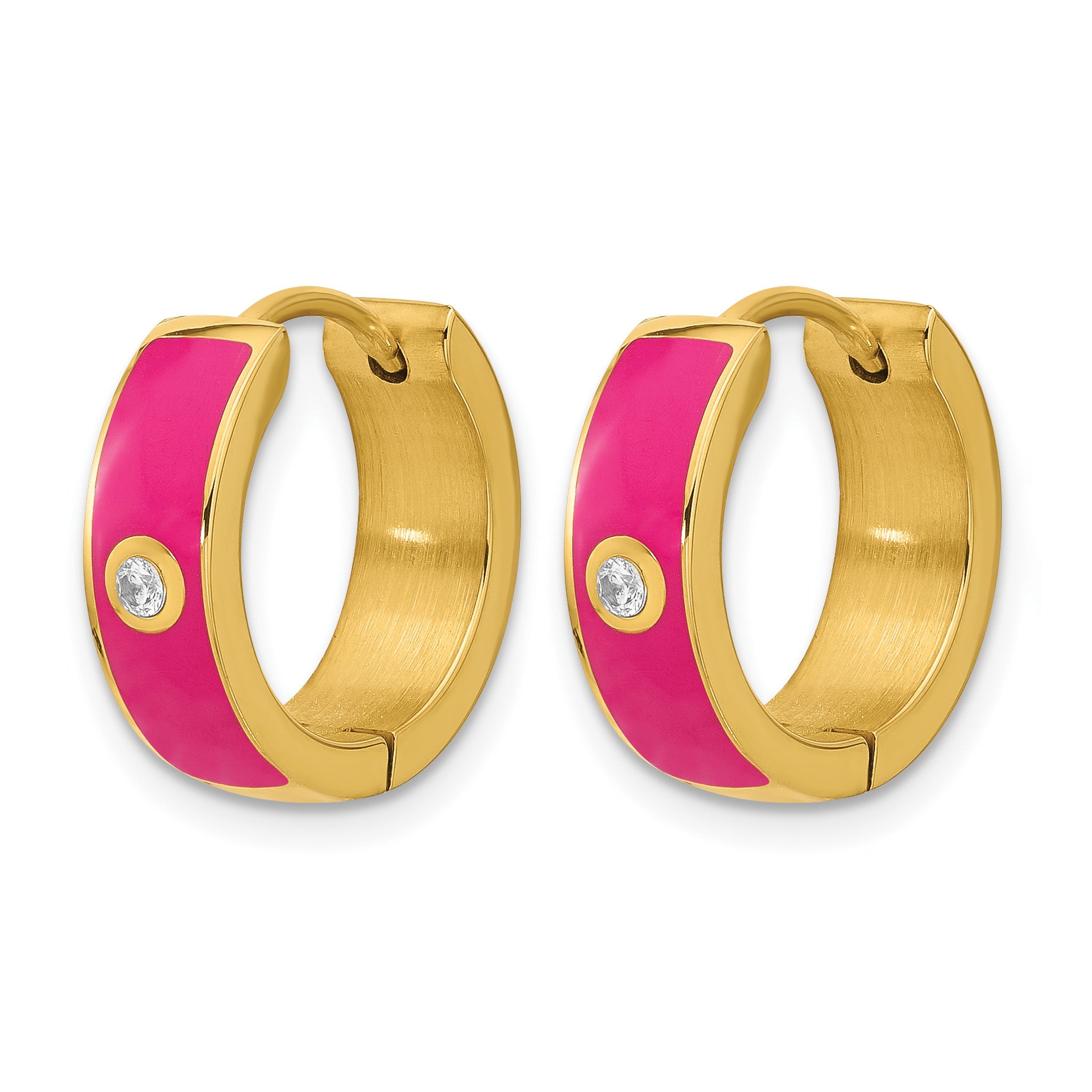 Gold-Tone Polished Cubic Zirconia Pink Enamel Stainless Steel Hoop Earrings 5mm White