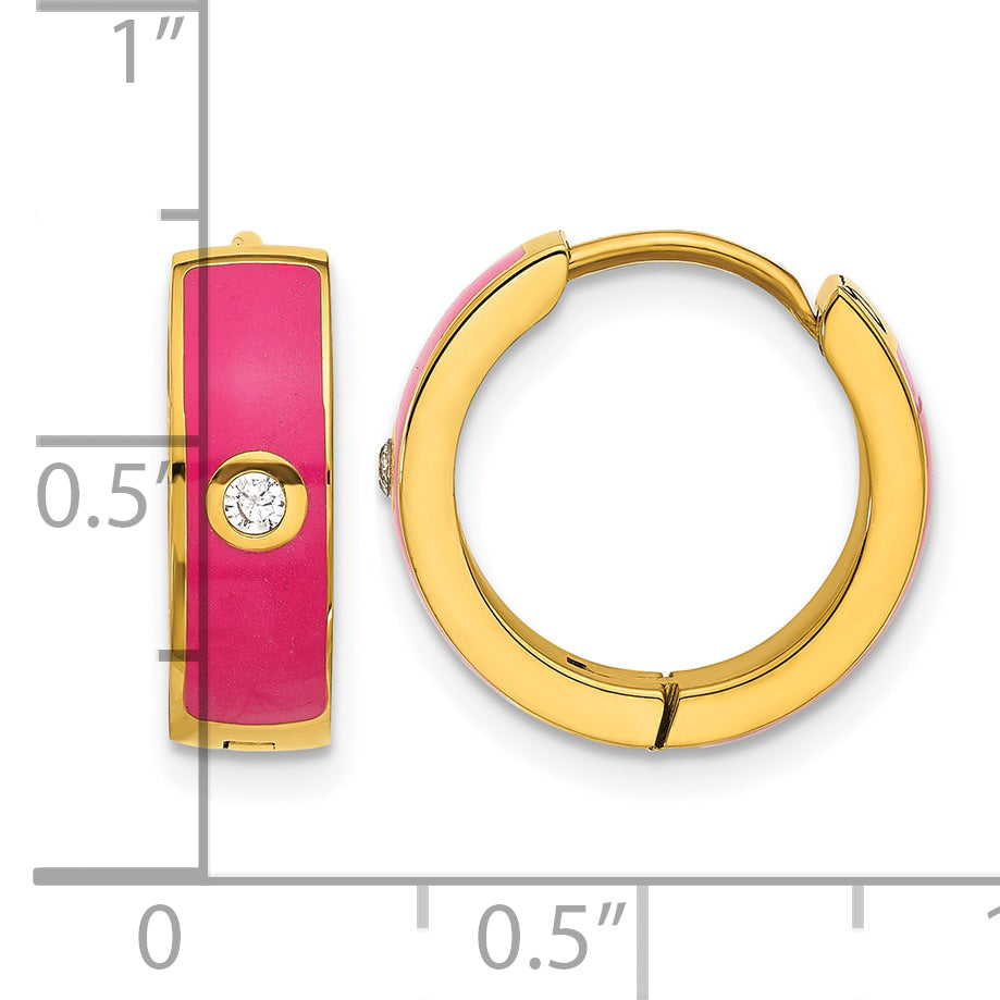 Stainless Steel Gold-Tone Enamel Polished Hinged Cubic Zirconia Hoop Earrings for Women