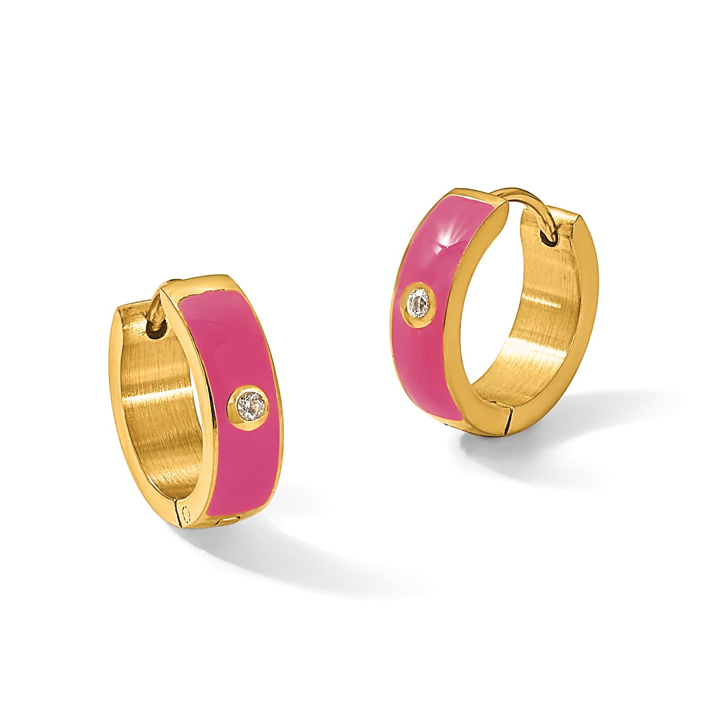 Stainless Steel Gold-Tone Enamel Polished Hinged Cubic Zirconia Hoop Earrings for Women