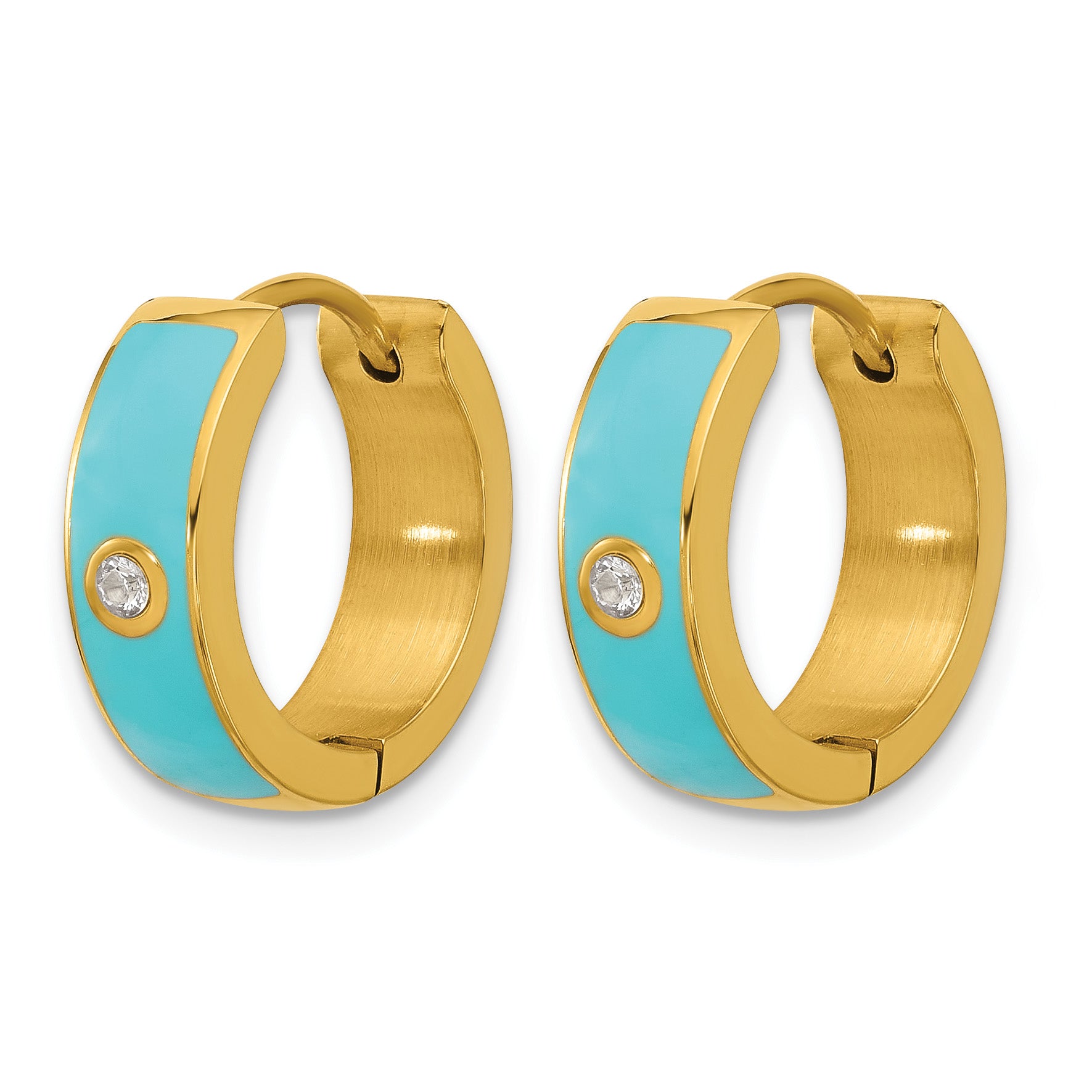 Gold-Tone Polished Cubic Zirconia Blue Enamel Stainless Steel Hoop Earrings 5mm Secondary image