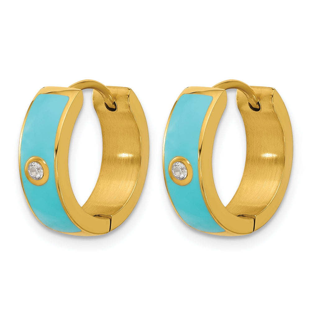 Stainless Steel Gold-Tone Enamel Polished Hinged Cubic Zirconia Hoop Earrings for Women