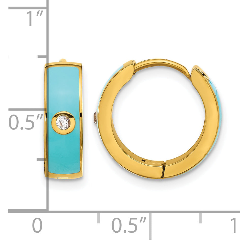 Stainless Steel Gold-Tone Enamel Polished Hinged Cubic Zirconia Hoop Earrings for Women