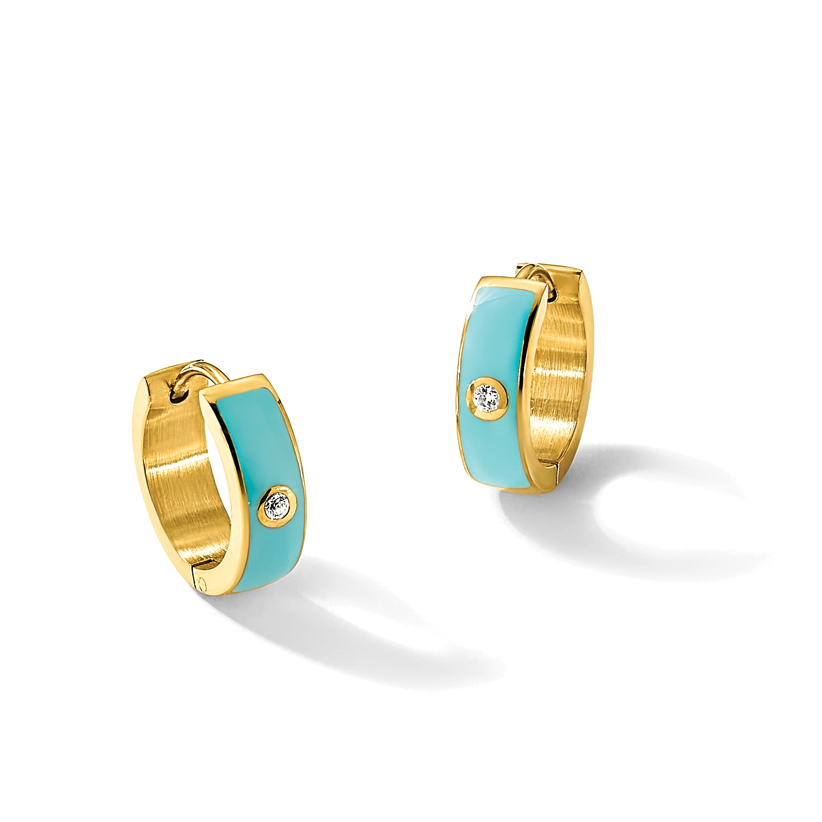 Stainless Steel Gold-Tone Enamel Polished Hinged Cubic Zirconia Hoop Earrings for Women