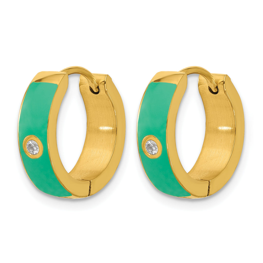 Gold-Tone Polished Cubic Zirconia Green Enamel Stainless Steel Hoop Earrings 5mm