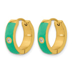 Gold-Tone Polished Cubic Zirconia Green Enamel Stainless Steel Hoop Earrings 5mm
