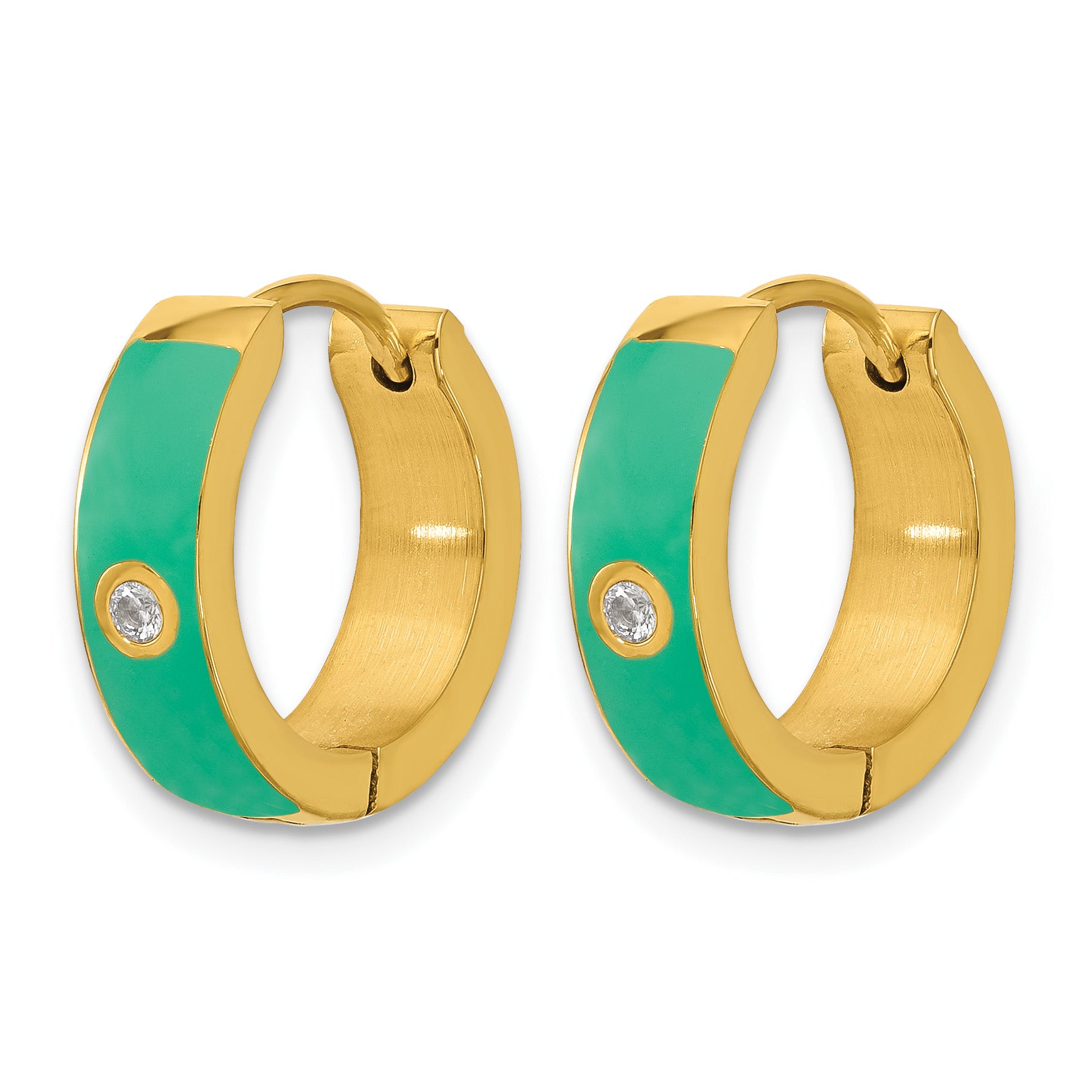 Gold-Tone Polished Cubic Zirconia Green Enamel Stainless Steel Hoop Earrings 5mm