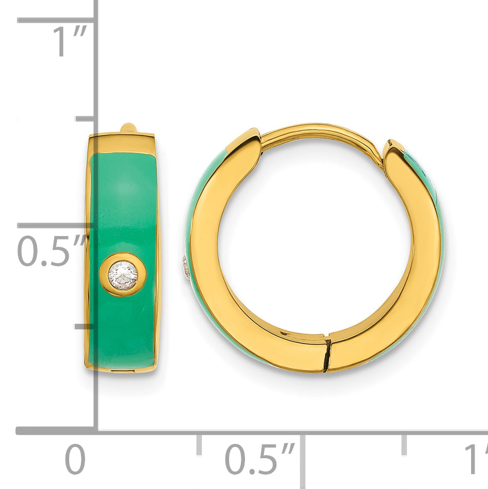 Stainless Steel Gold-Tone Enamel Polished Hinged Cubic Zirconia Hoop Earrings for Women