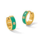 Stainless Steel Gold-Tone Enamel Polished Hinged Cubic Zirconia Hoop Earrings for Women