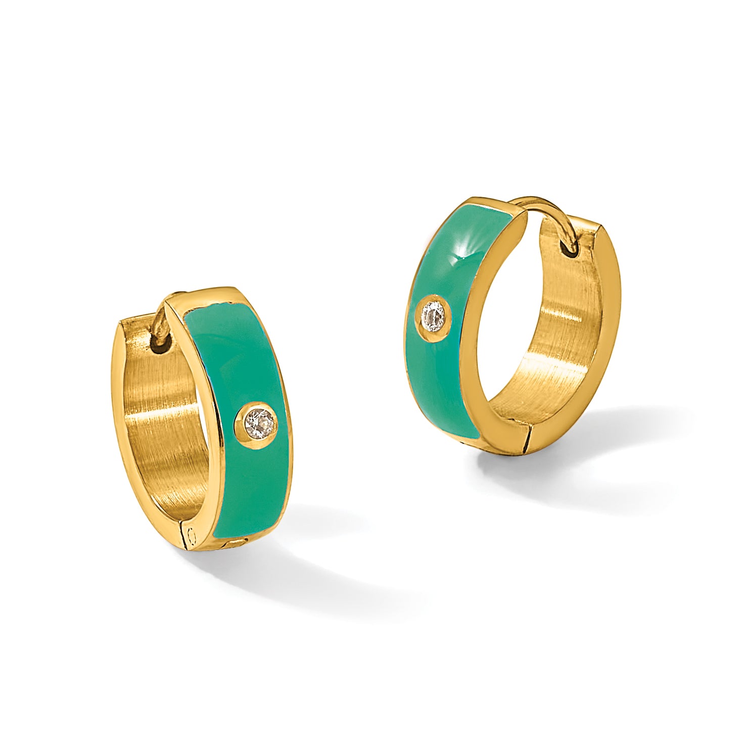 Stainless Steel Gold-Tone Enamel Polished Hinged Cubic Zirconia Hoop Earrings for Women