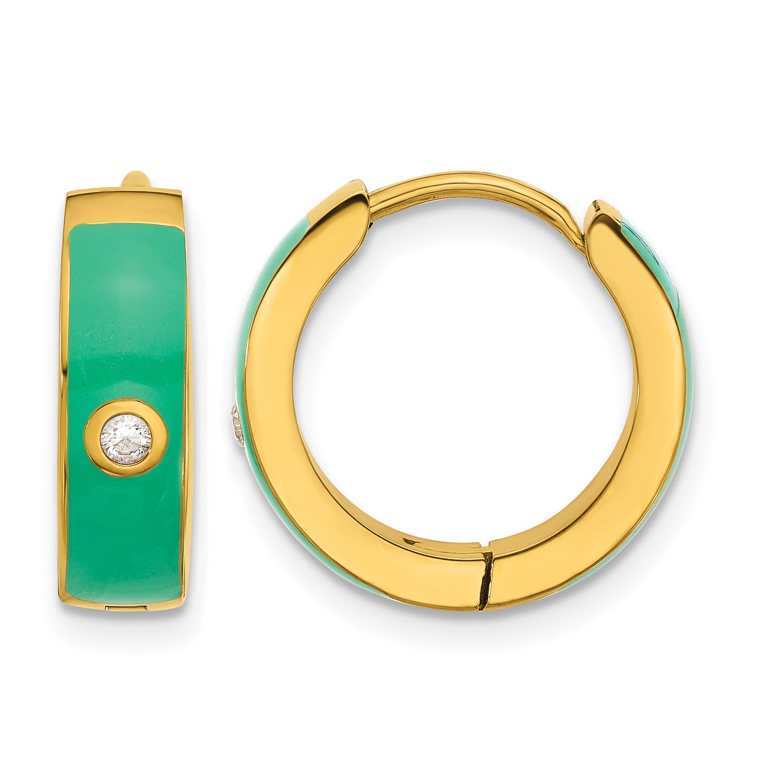 Stainless Steel Gold-Tone Enamel Polished Hinged Cubic Zirconia Hoop Earrings for Women