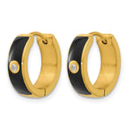 Gold-Tone Polished Cubic Zirconia Black Enamel Stainless Steel Hoop Earrings 5mm
