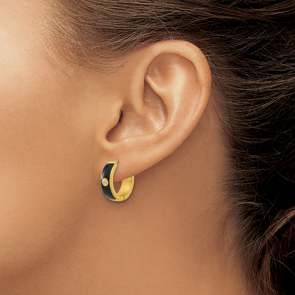 Stainless Steel Gold-Tone Enamel Polished Hinged Cubic Zirconia Hoop Earrings for Women