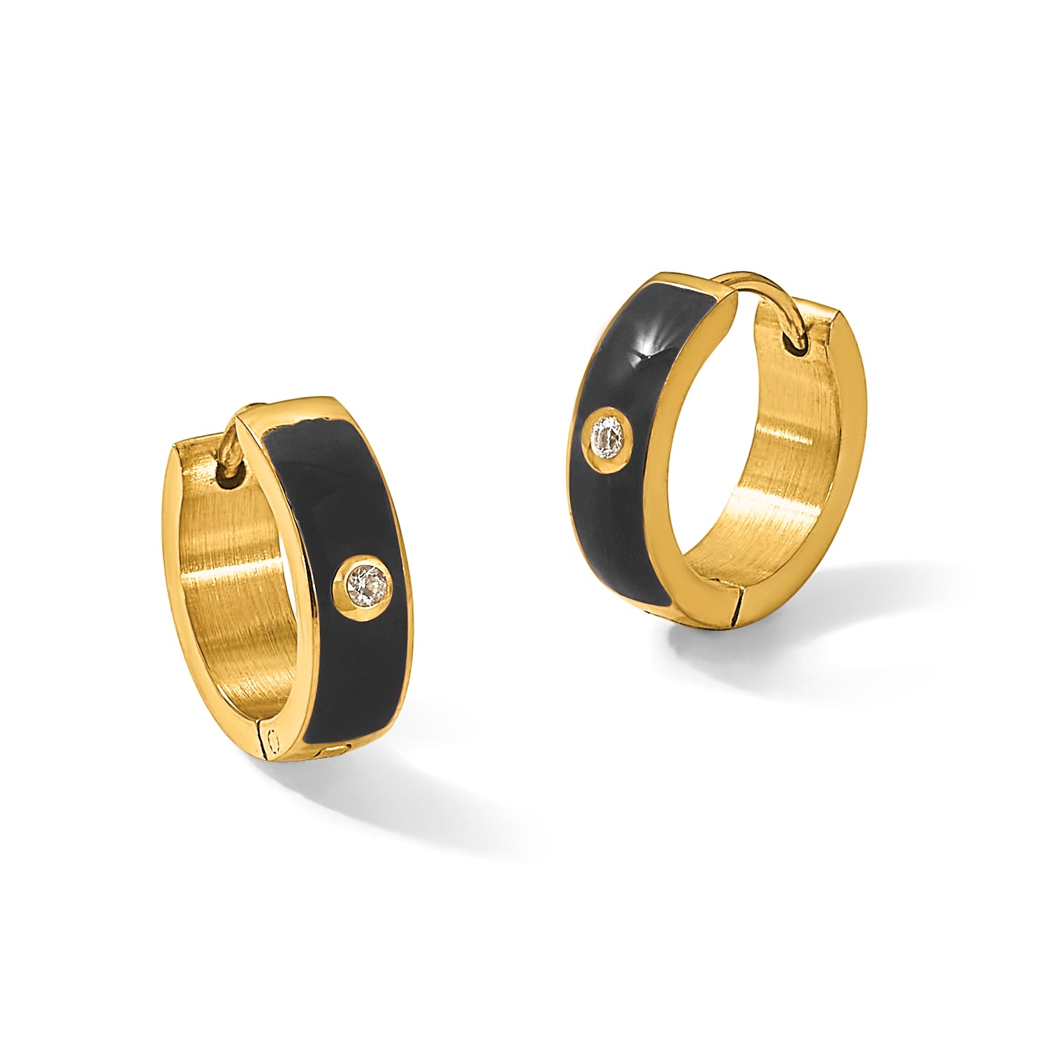 Stainless Steel Gold-Tone Enamel Polished Hinged Cubic Zirconia Hoop Earrings for Women